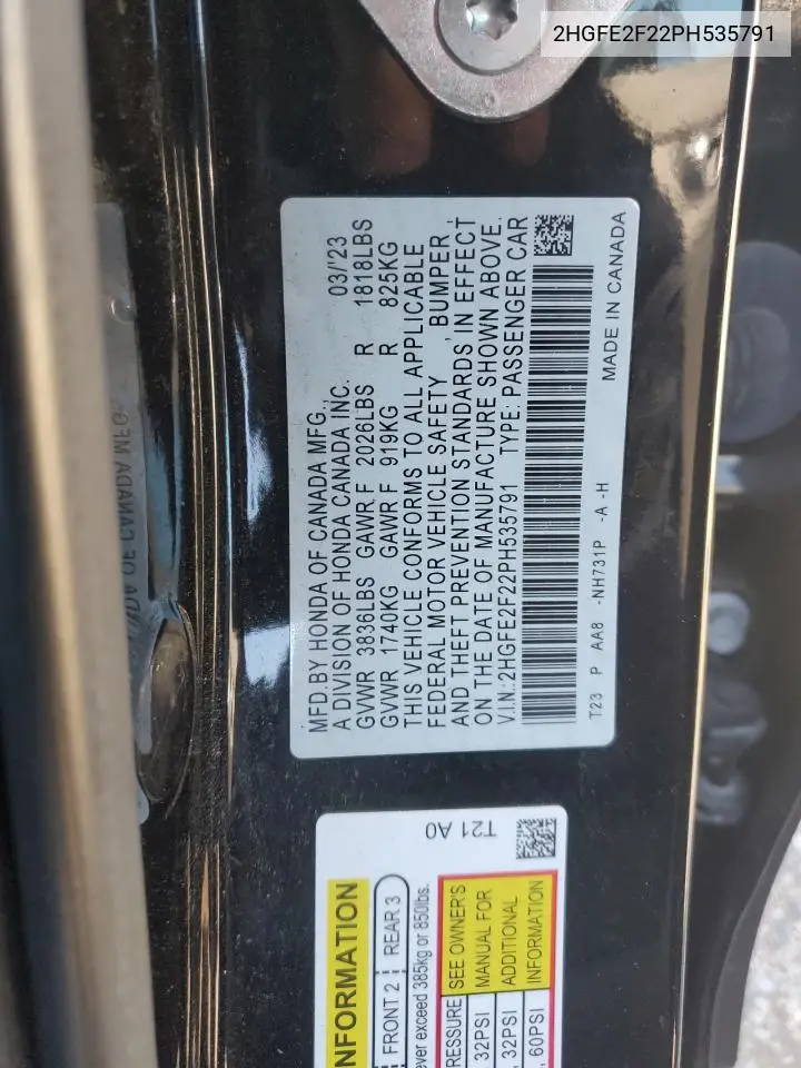 2HGFE2F22PH535791 2023 Honda Civic Lx