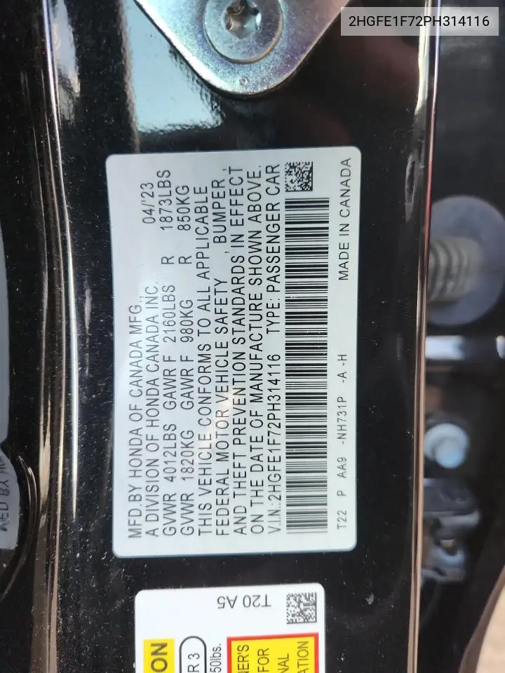 2HGFE1F72PH314116 2023 Honda Civic Ex