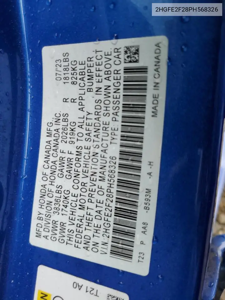 2HGFE2F28PH568326 2023 Honda Civic Lx