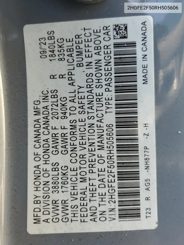 2HGFE2F50RH505606 2024 Honda Civic Sport