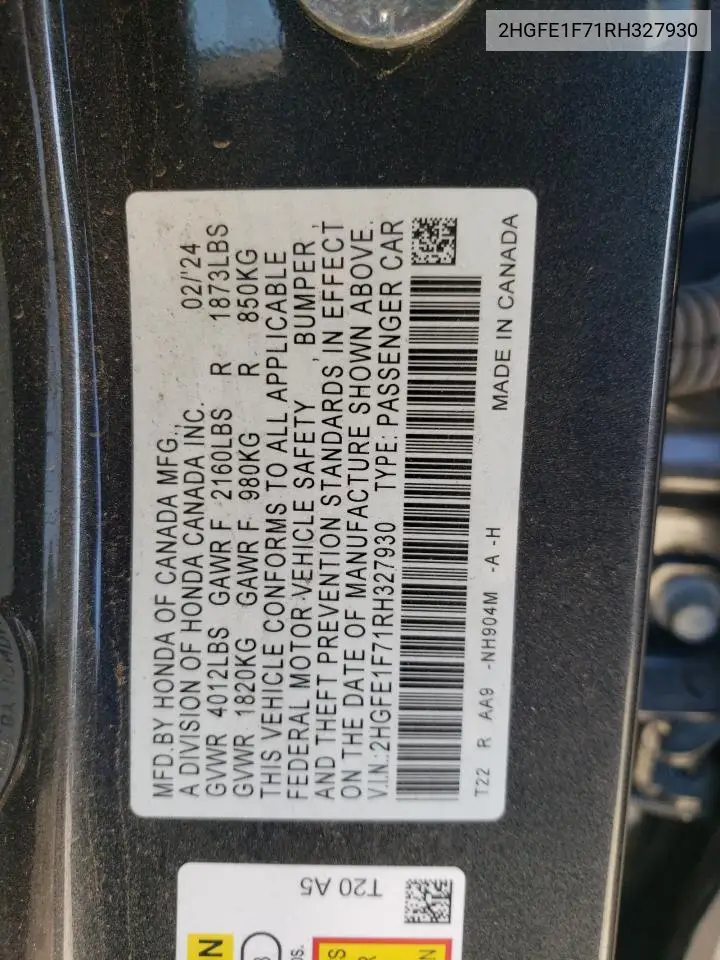 2HGFE1F71RH327930 2024 Honda Civic Ex