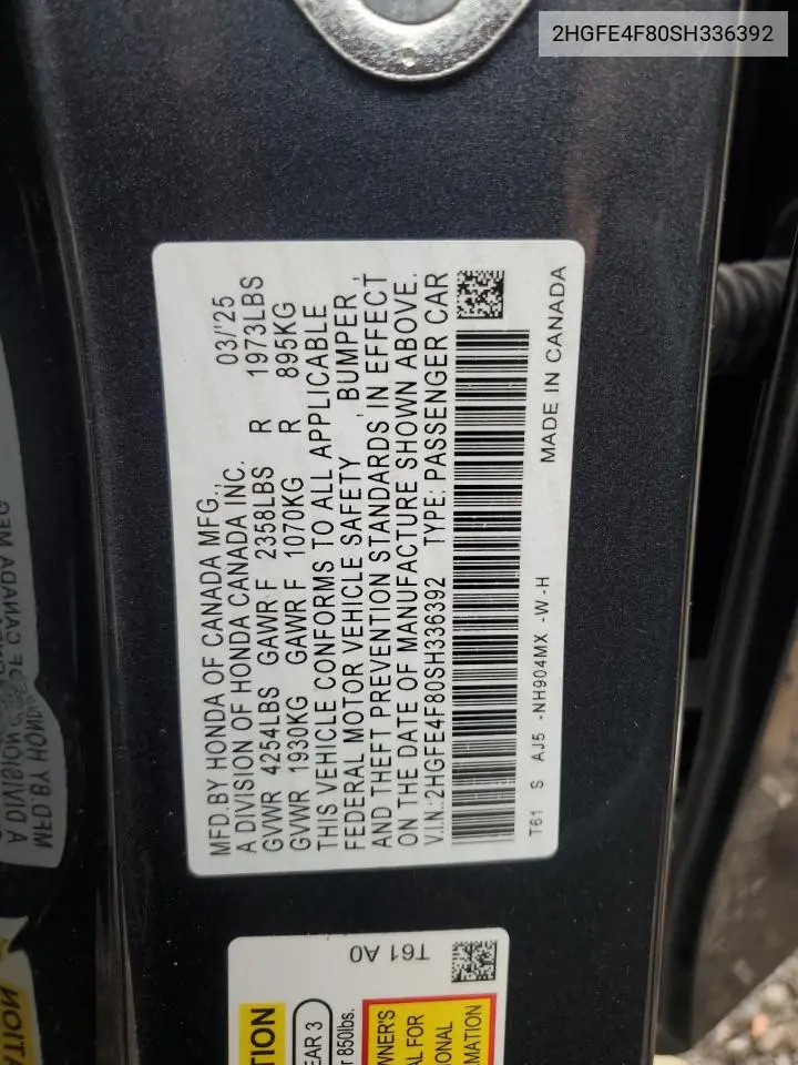 2HGFE4F80SH336392 2025 Honda Civic Sport