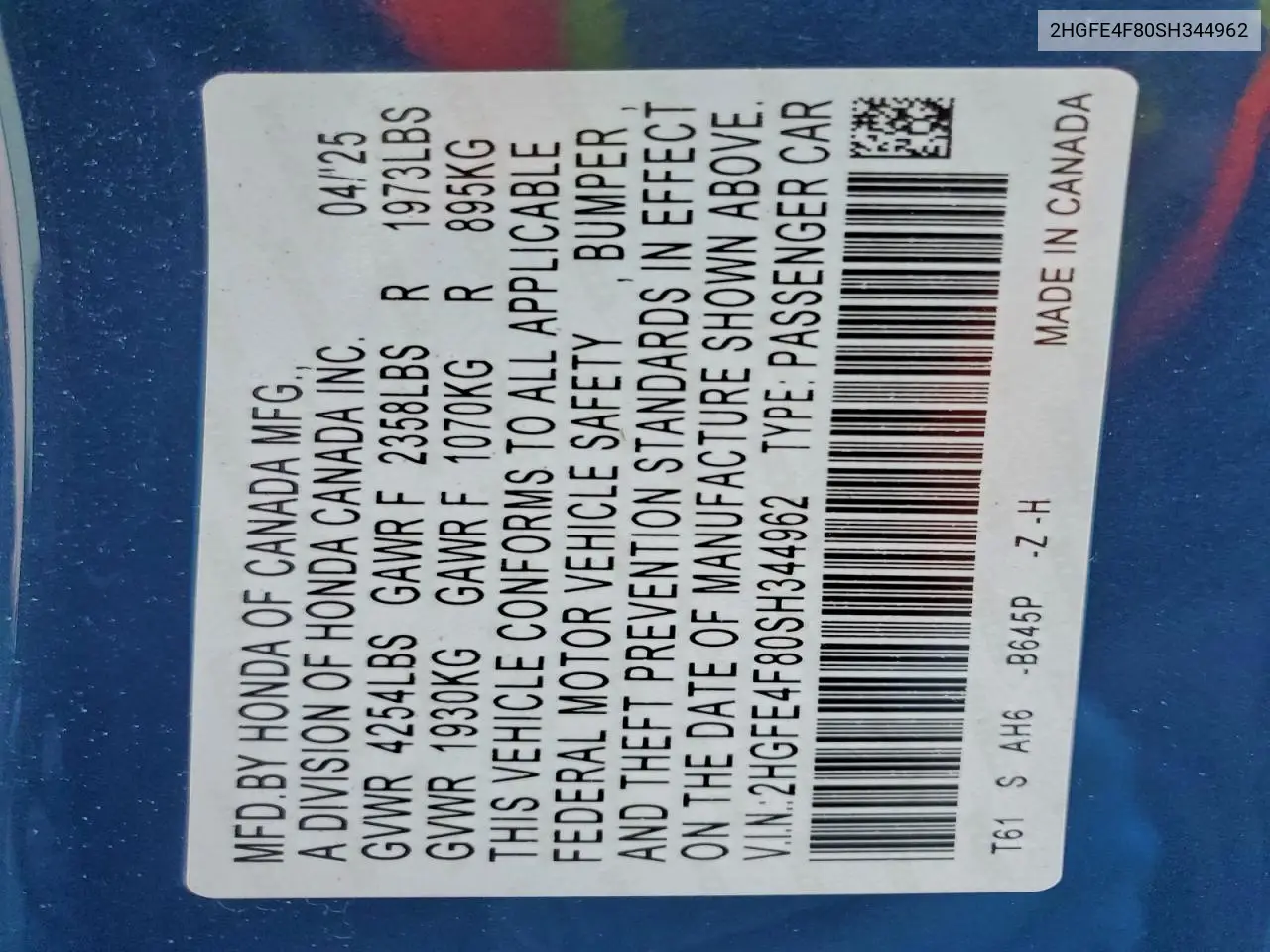 2HGFE4F80SH344962 2025 Honda Civic Sport