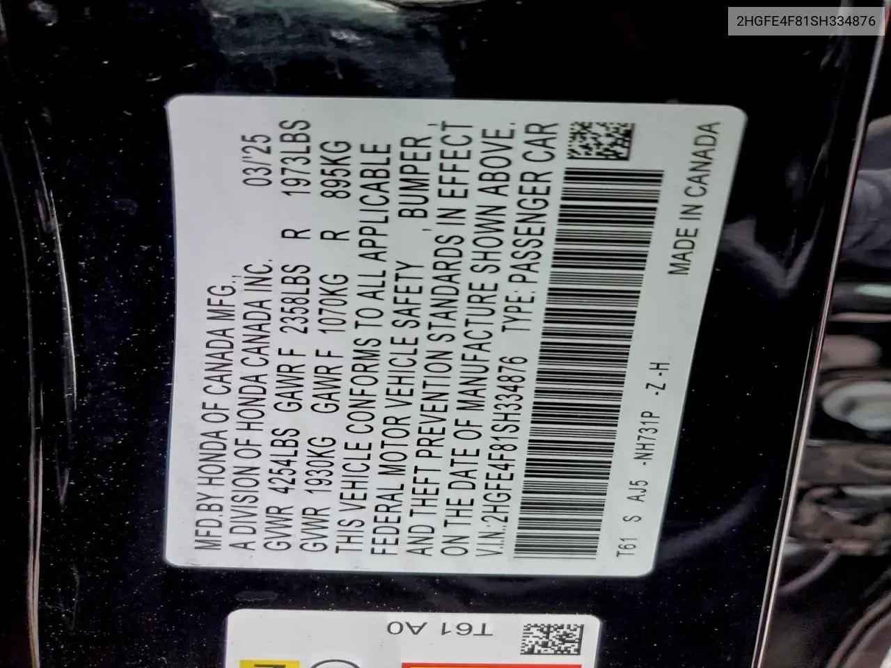 2HGFE4F81SH334876 2025 Honda Civic Sport
