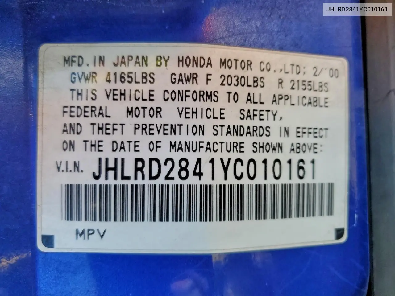 JHLRD2841YC010161 2000 Honda Cr-V Lx