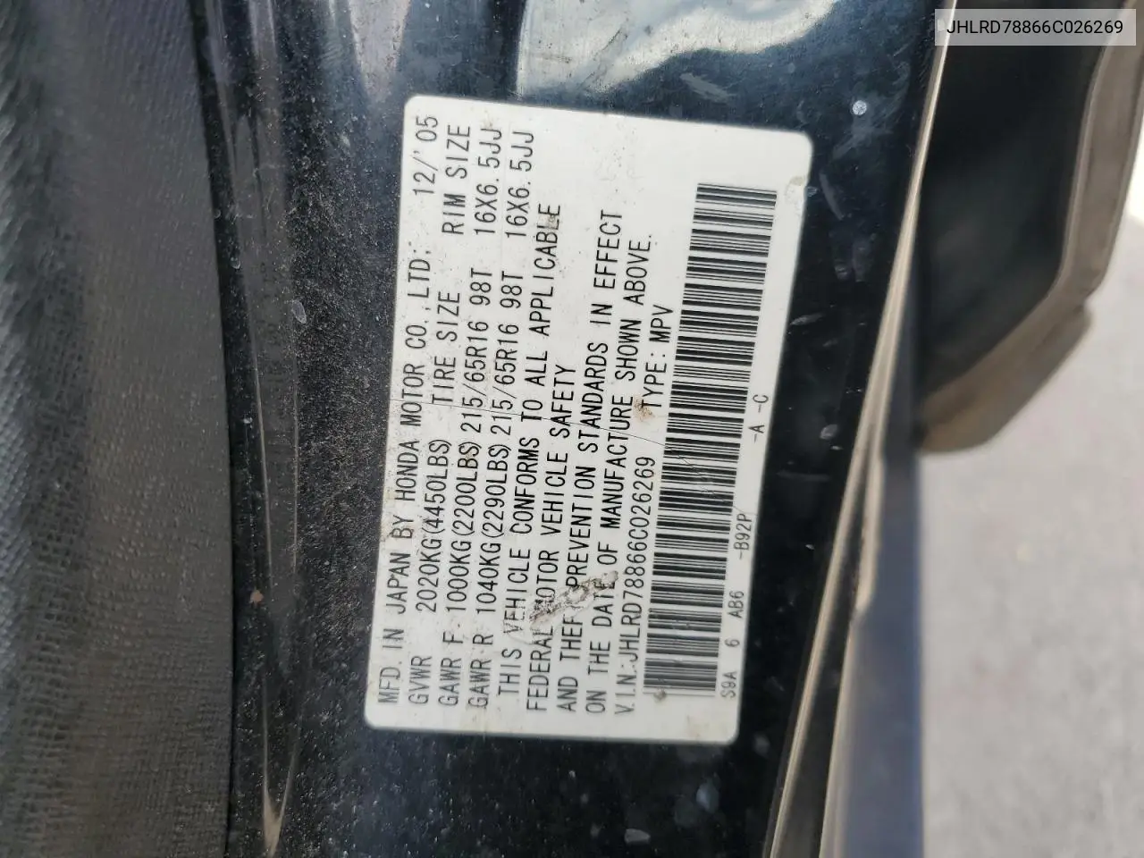JHLRD78866C026269 2006 Honda Cr-V Ex