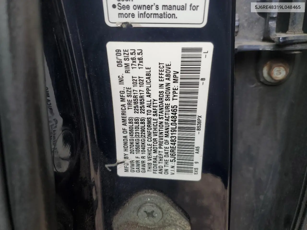 5J6RE48319L048465 2009 Honda Cr-V Lx