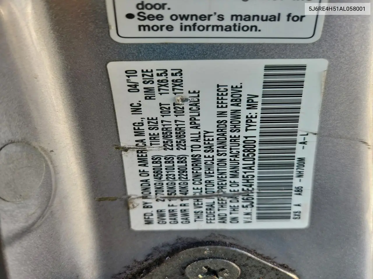 5J6RE4H51AL058001 2010 Honda Cr-V Ex