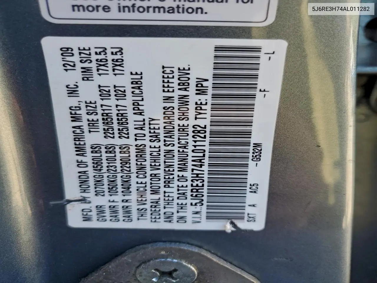 5J6RE3H74AL011282 2010 Honda Cr-V Exl