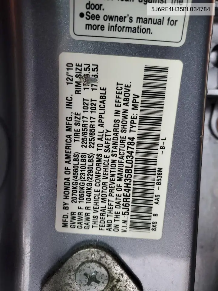 5J6RE4H35BL034784 2011 Honda Cr-V Lx