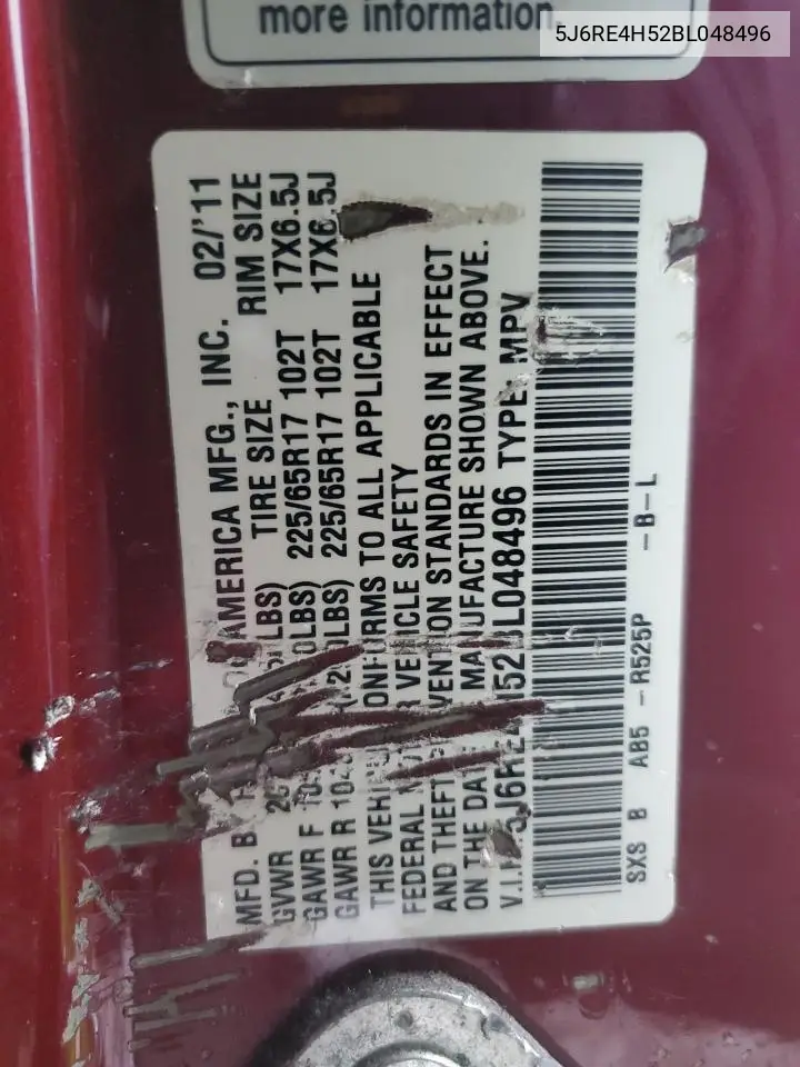 5J6RE4H52BL048496 2011 Honda Cr-V Ex