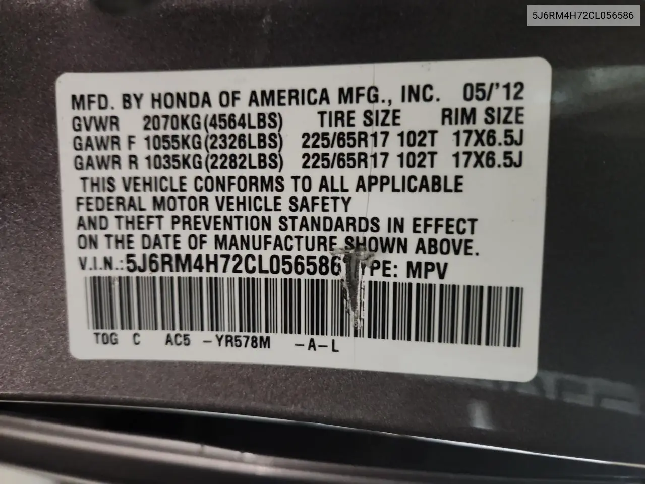 5J6RM4H72CL056586 2012 Honda Cr-V Exl