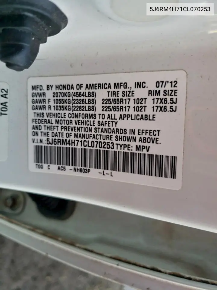 5J6RM4H71CL070253 2012 Honda Cr-V Exl