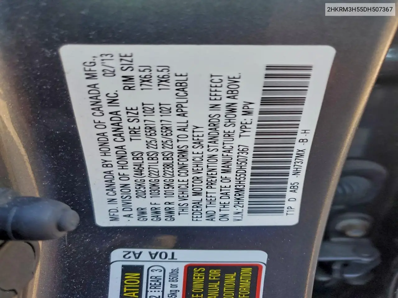 2HKRM3H55DH507367 2013 Honda Cr-V Ex