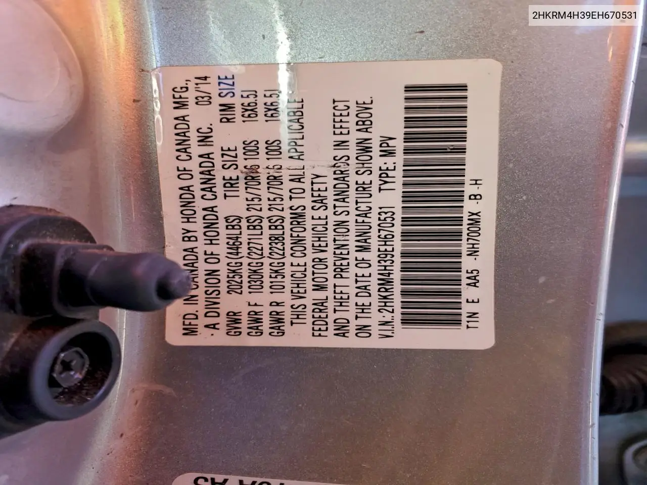 2HKRM4H39EH670531 2014 Honda Cr-V Lx