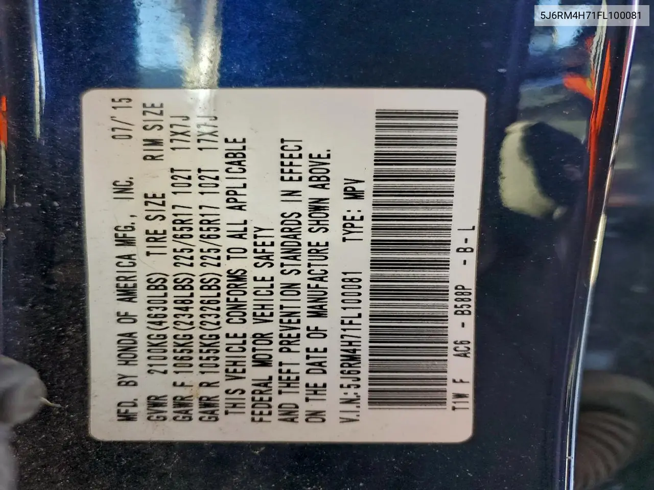 5J6RM4H71FL100081 2015 Honda Cr-V Exl
