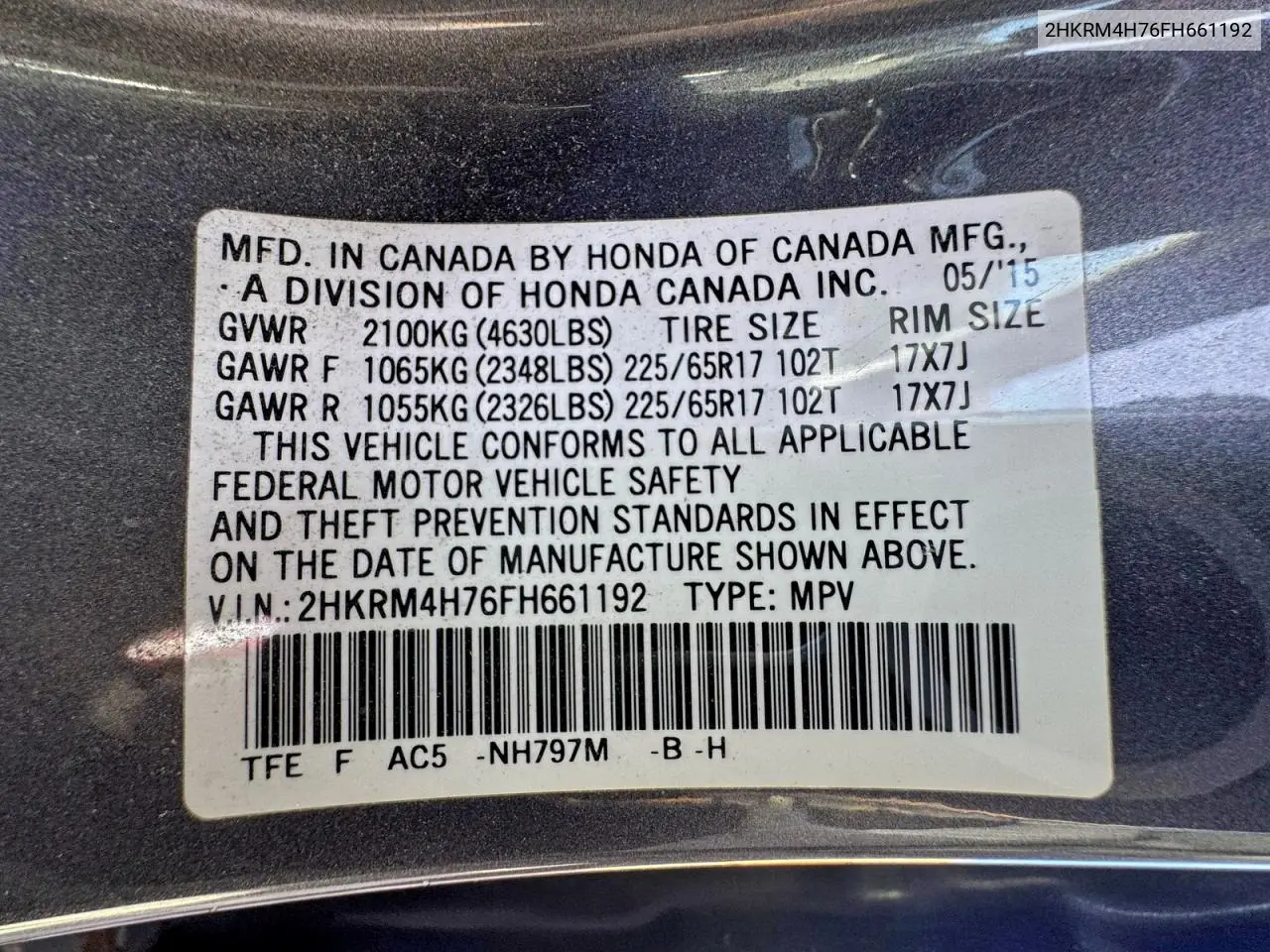 2HKRM4H76FH661192 2015 Honda Cr-V Exl