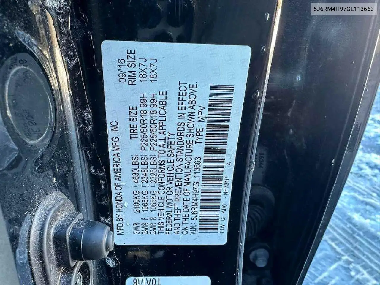 5J6RM4H97GL113663 2016 Honda Cr-V Touring