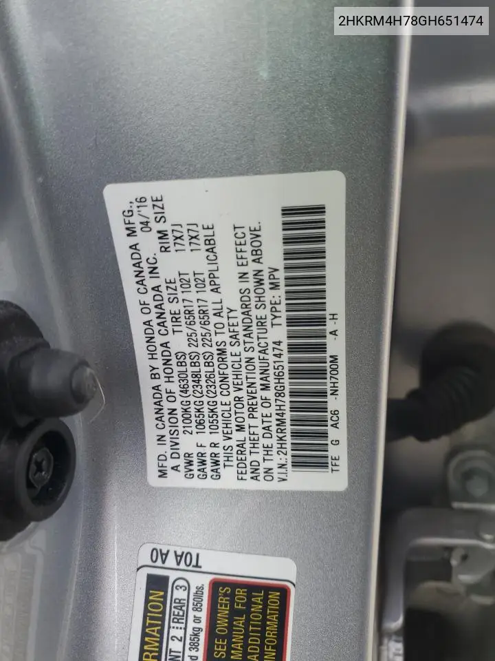 2HKRM4H78GH651474 2016 Honda Cr-V Exl