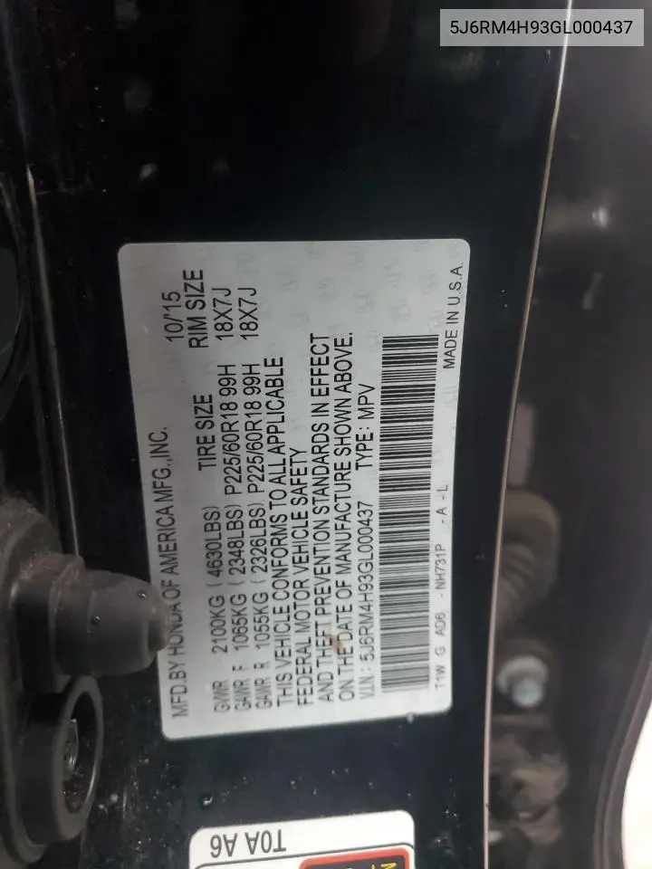 5J6RM4H93GL000437 2016 Honda Cr-V Touring