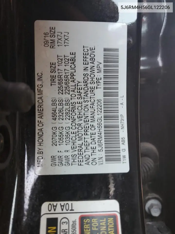 5J6RM4H56GL122206 2016 Honda Cr-V Ex