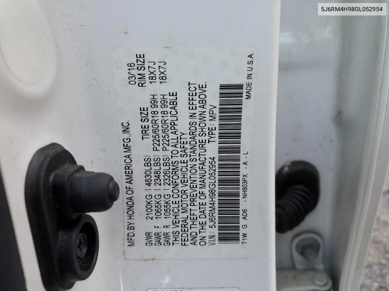 5J6RM4H98GL052954 2016 Honda Cr-V Touring