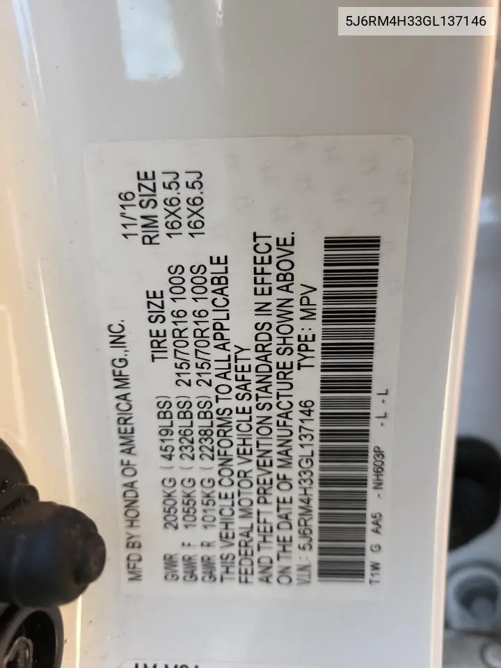 5J6RM4H33GL137146 2016 Honda Cr-V Lx