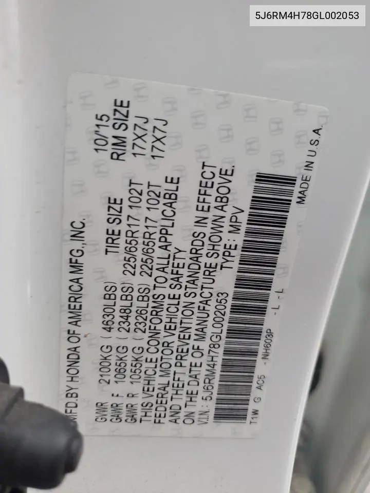 5J6RM4H78GL002053 2016 Honda Cr-V Exl