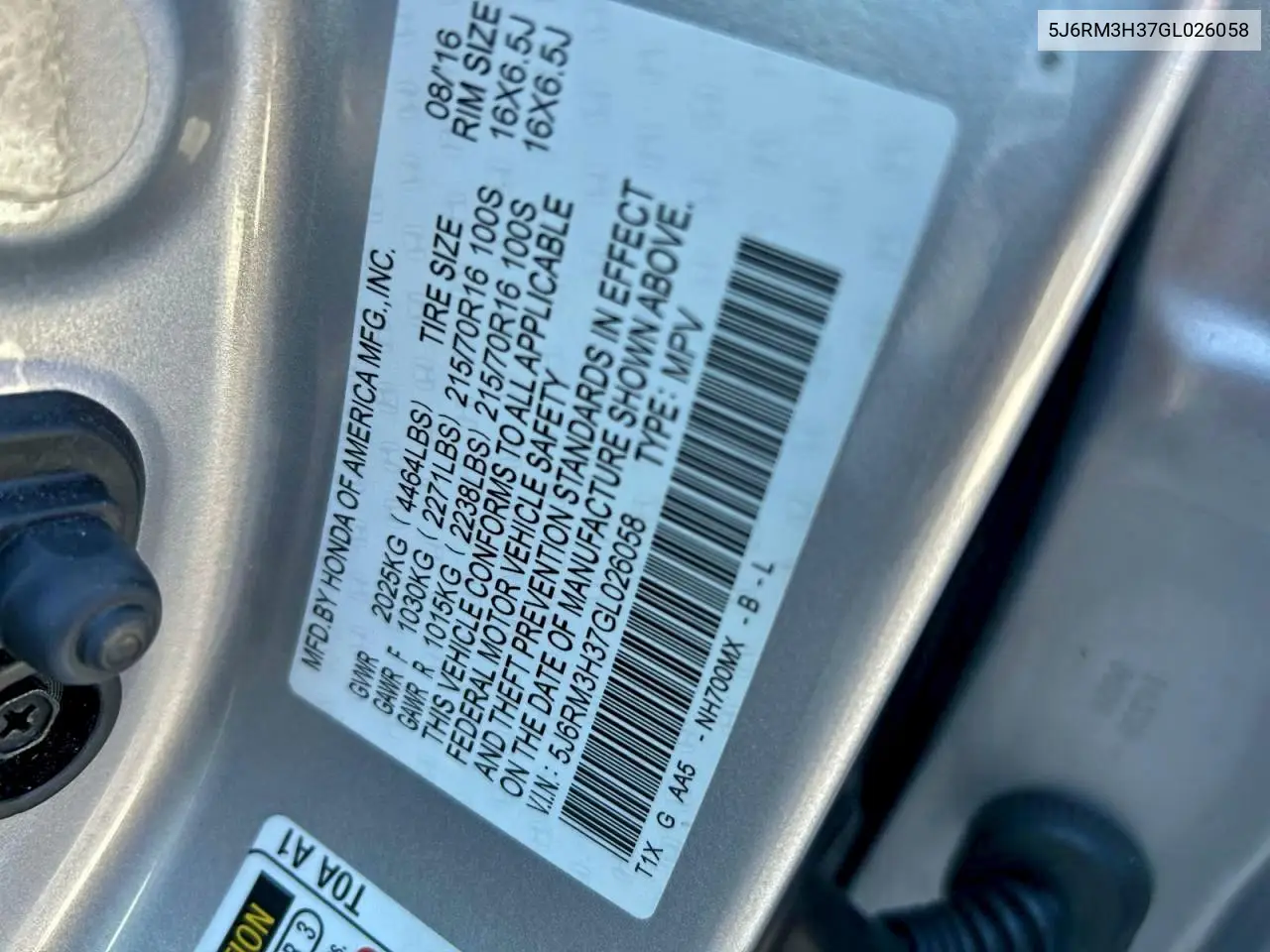 5J6RM3H37GL026058 2016 Honda Cr-V Lx