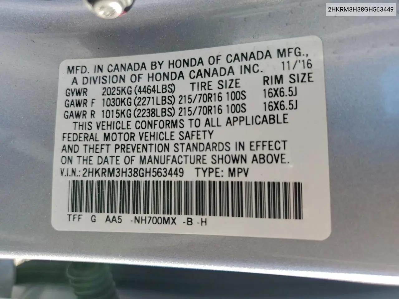 2HKRM3H38GH563449 2016 Honda Cr-V Lx