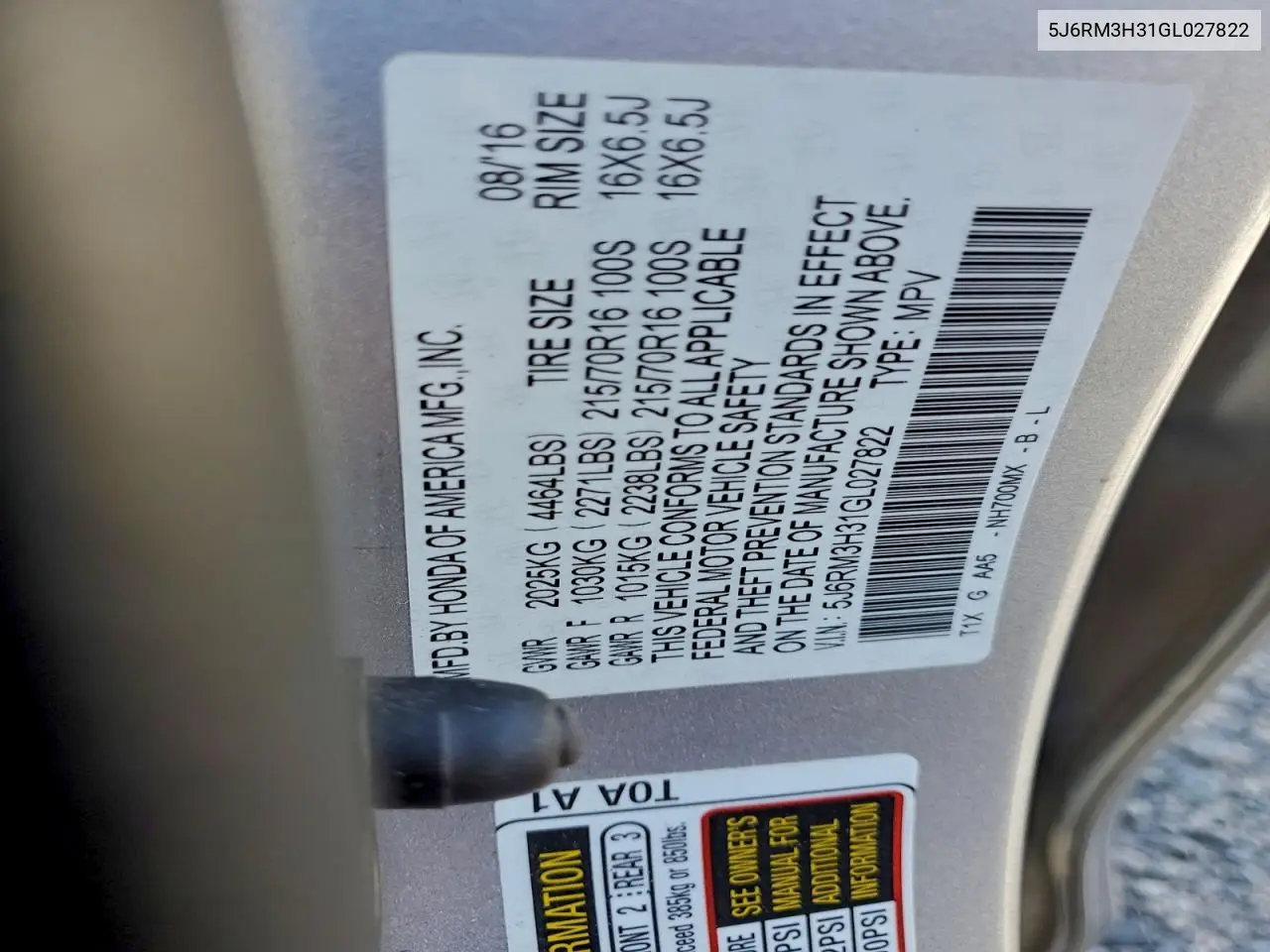5J6RM3H31GL027822 2016 Honda Cr-V Lx