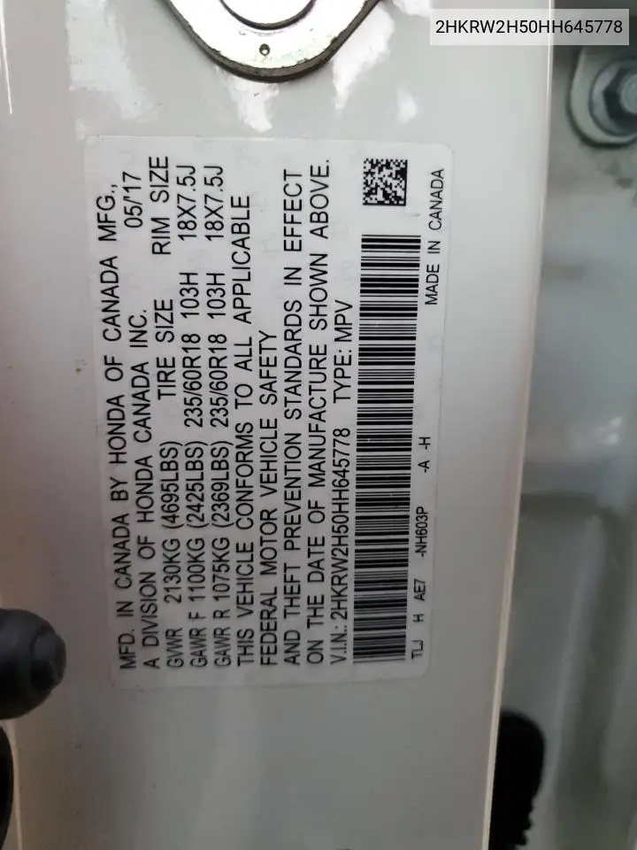2HKRW2H50HH645778 2017 Honda Cr-V Ex