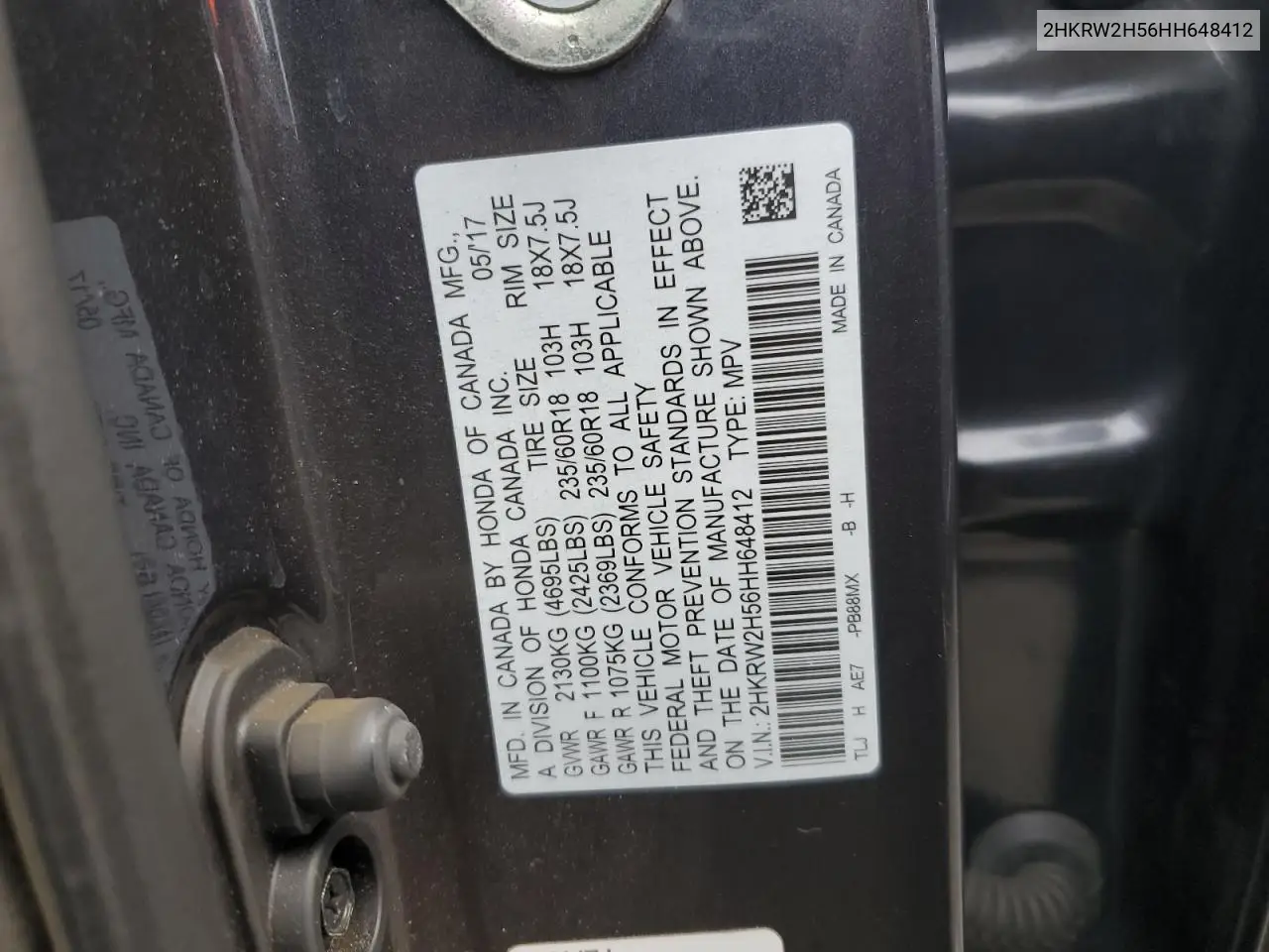 2HKRW2H56HH648412 2017 Honda Cr-V Ex