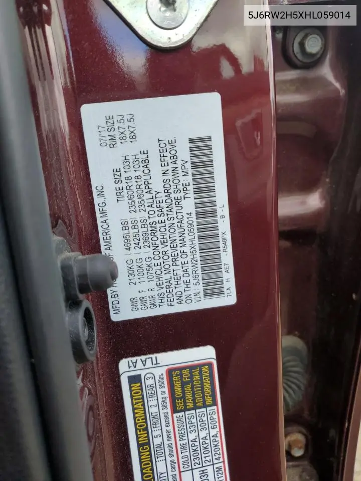 5J6RW2H5XHL059014 2017 Honda Cr-V Ex