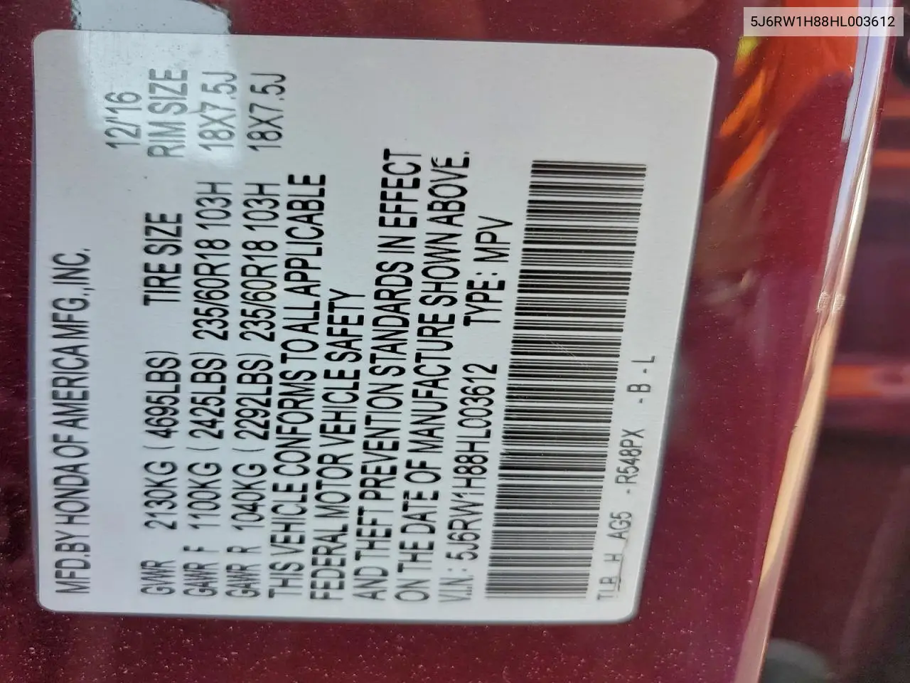 5J6RW1H88HL003612 2017 Honda Cr-V Exl