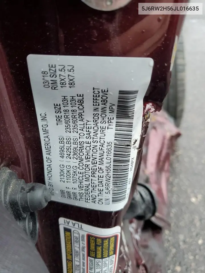 5J6RW2H56JL016635 2018 Honda Cr-V Ex