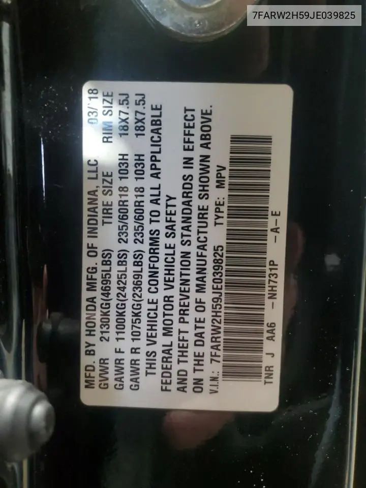 7FARW2H59JE039825 2018 Honda Cr-V Ex