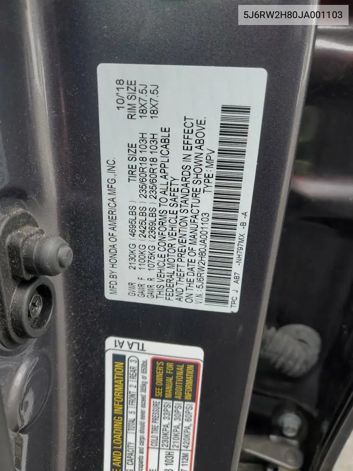 5J6RW2H80JA001103 2018 Honda Cr-V Exl