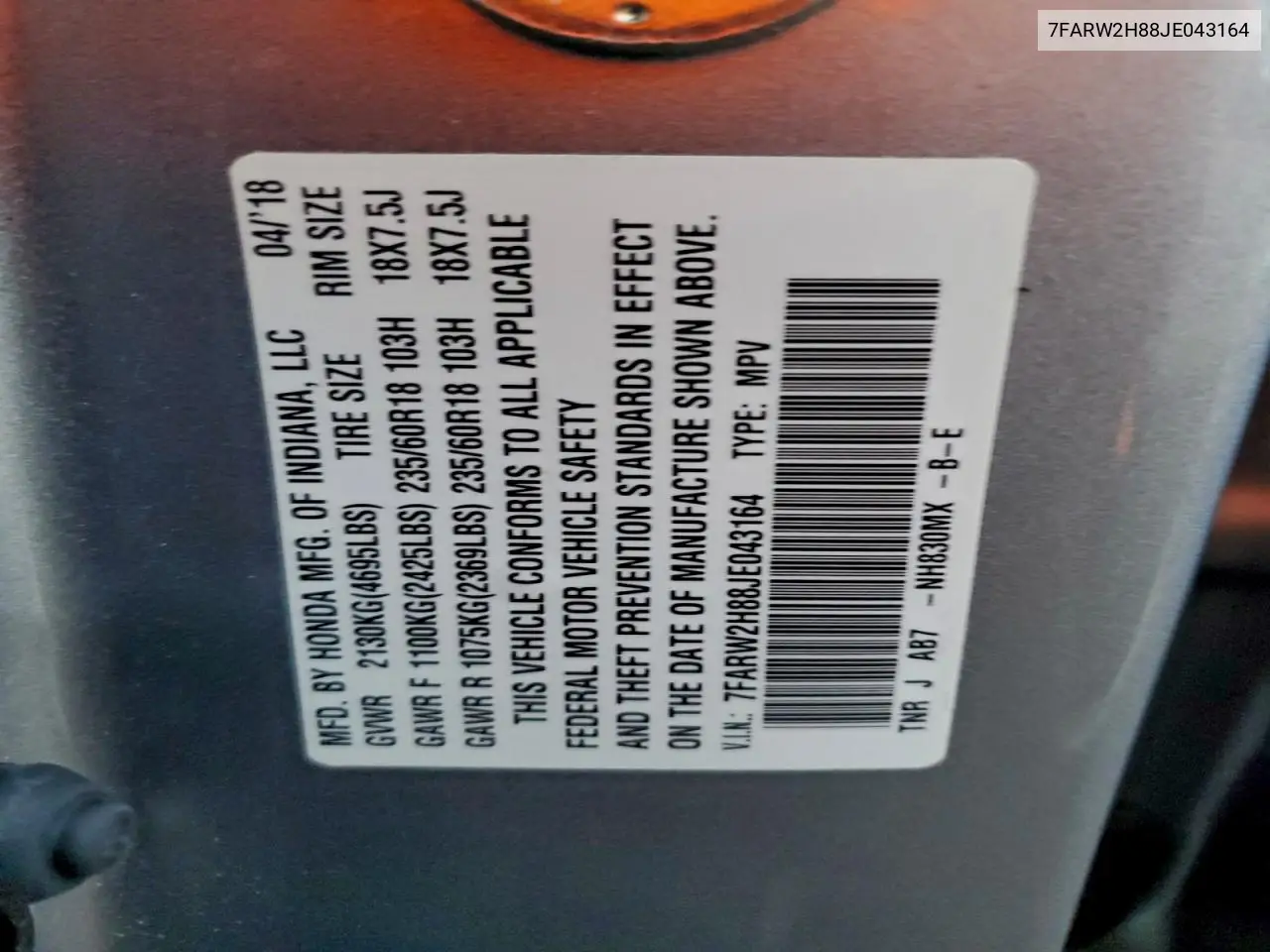 7FARW2H88JE043164 2018 Honda Cr-V Exl