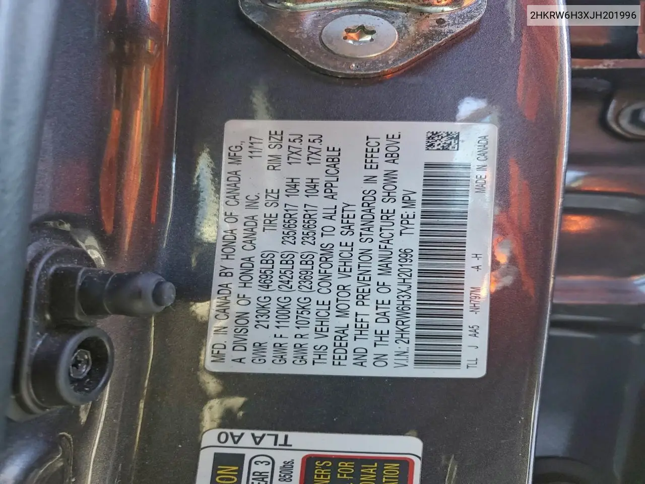 2HKRW6H3XJH201996 2018 Honda Cr-V Lx