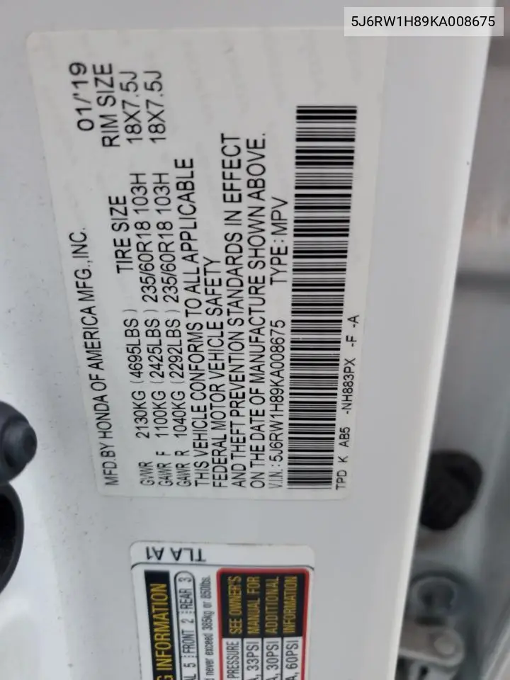 5J6RW1H89KA008675 2019 Honda Cr-V Exl