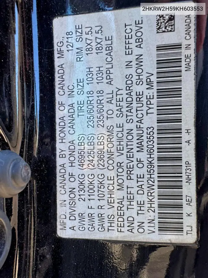 2HKRW2H59KH603553 2019 Honda Cr-V Ex