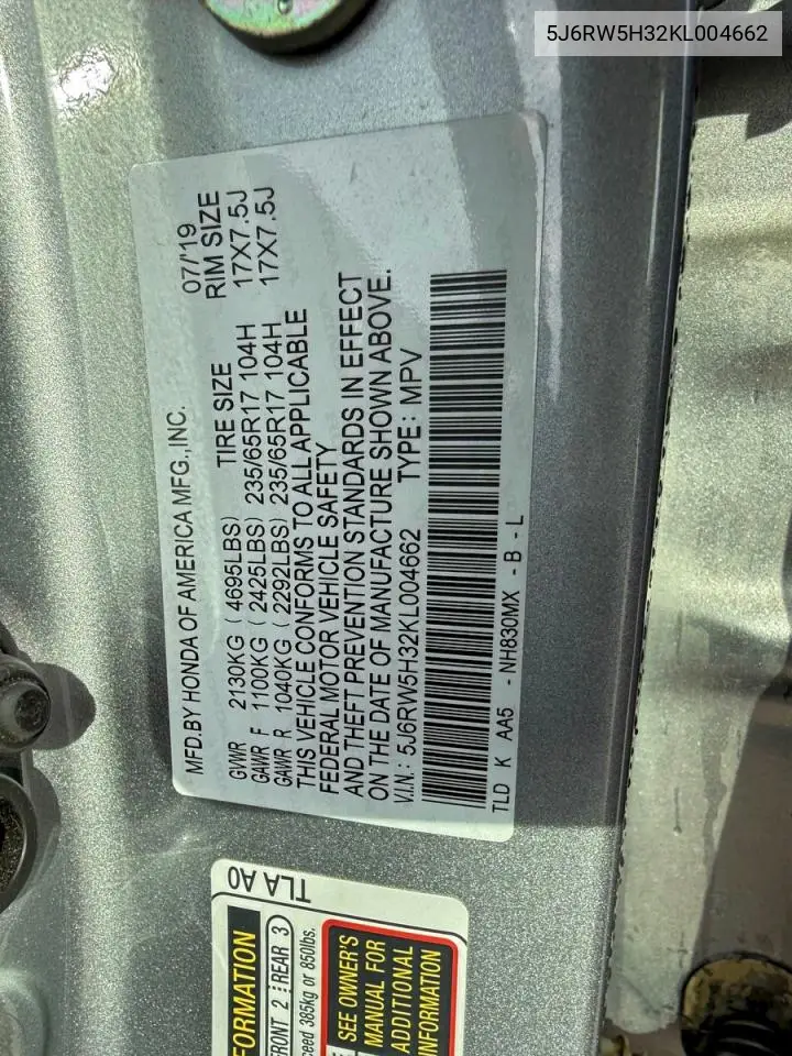 5J6RW5H32KL004662 2019 Honda Cr-V Lx