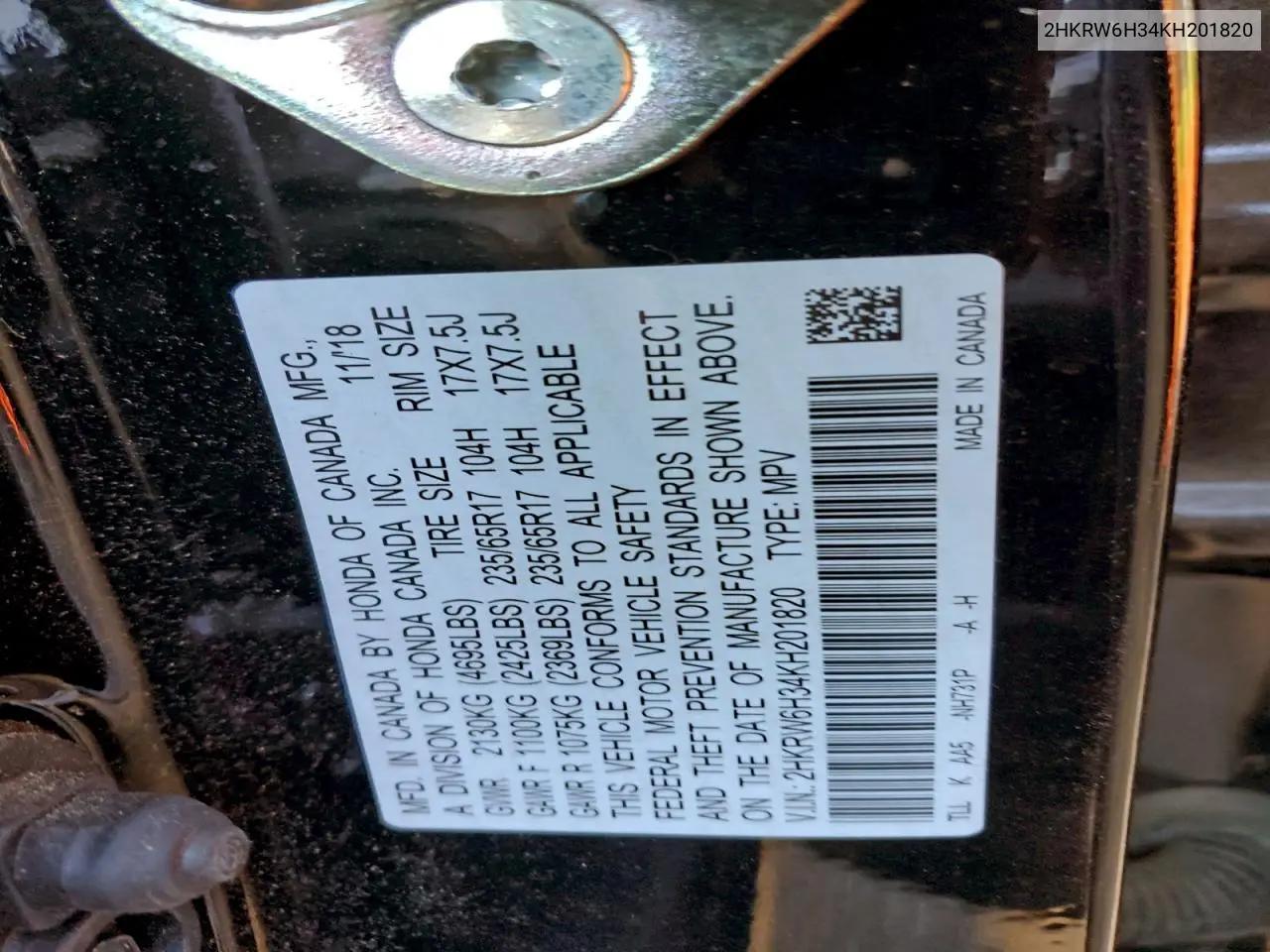 2HKRW6H34KH201820 2019 Honda Cr-V Lx