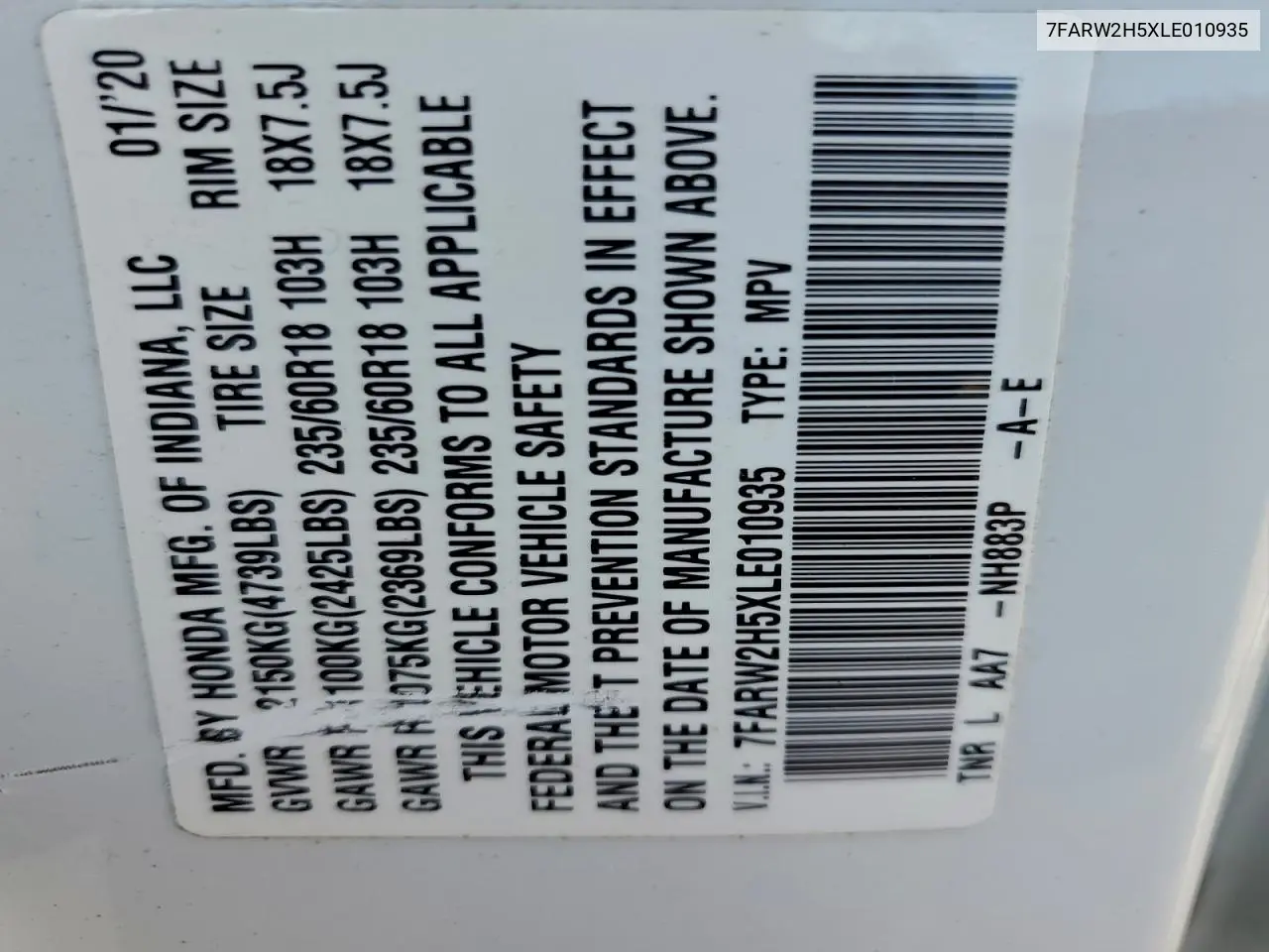 7FARW2H5XLE010935 2020 Honda Cr-V Ex