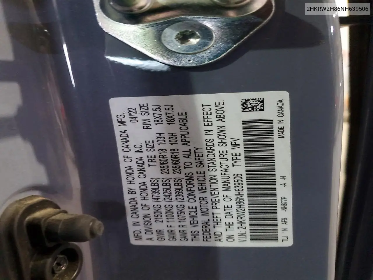 2HKRW2H86NH639506 2022 Honda Cr-V Exl