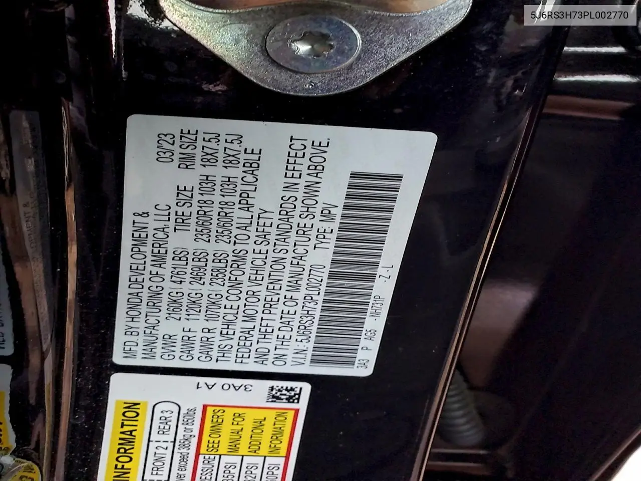 5J6RS3H73PL002770 2023 Honda Cr-V Exl