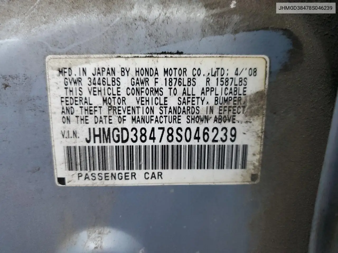 JHMGD38478S046239 2008 Honda Fit