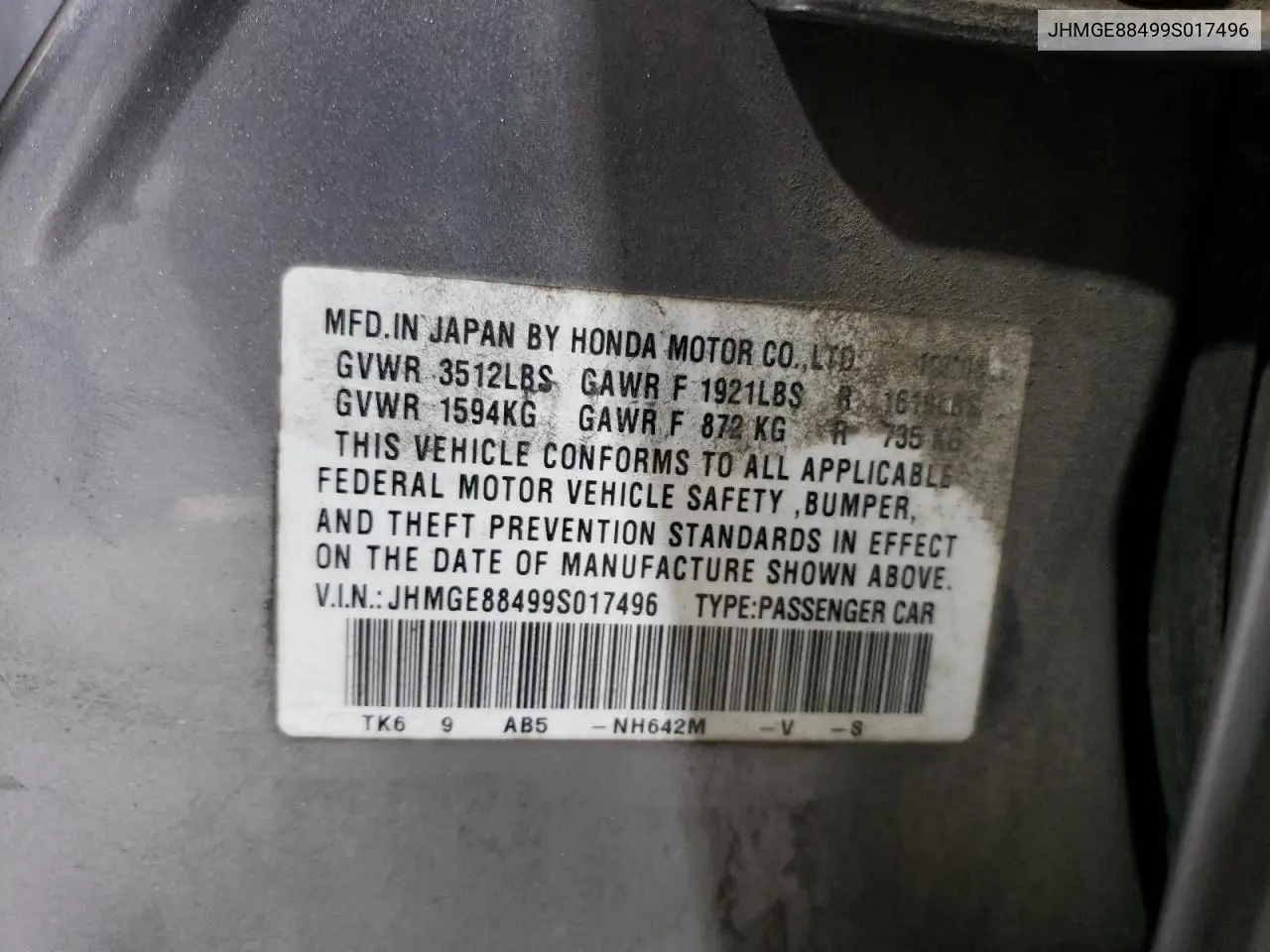 JHMGE88499S017496 2009 Honda Fit Sport