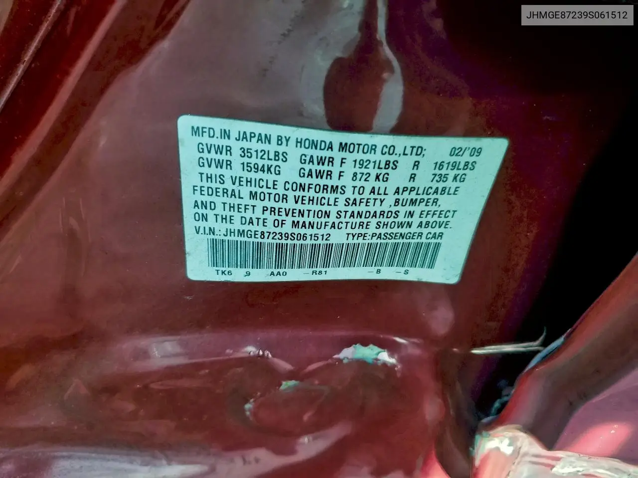 JHMGE87239S061512 2009 Honda Fit
